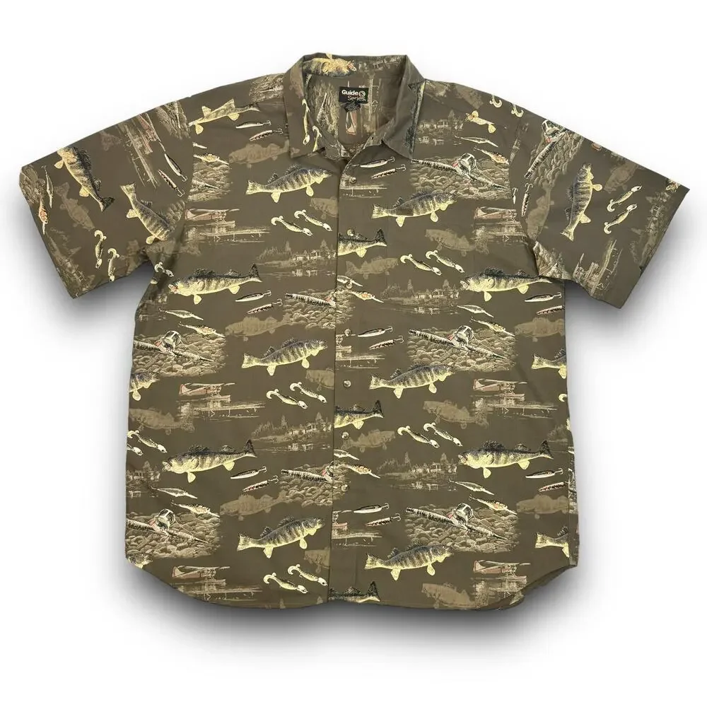 NEW Guide Series Fish Print Short Sleeve Button Front Shirt Cotton Green 2XL